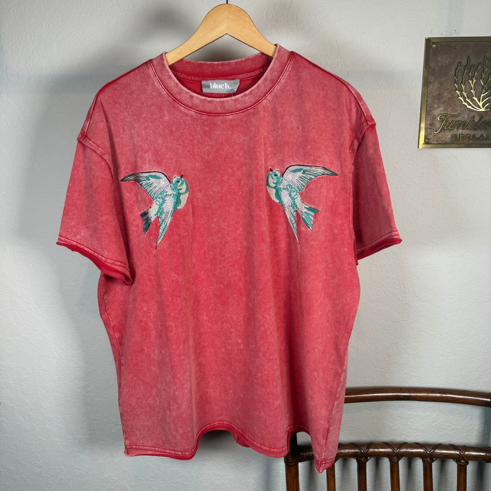 Blue B Collection Red Mineral Wash Embroidered Bird T-Shirt Oversized Medium